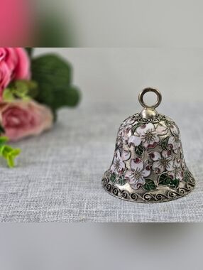 Cloisonne Christmas Ornament Bell Enamel On Brass Dogwood Flowers w Clapper 3”